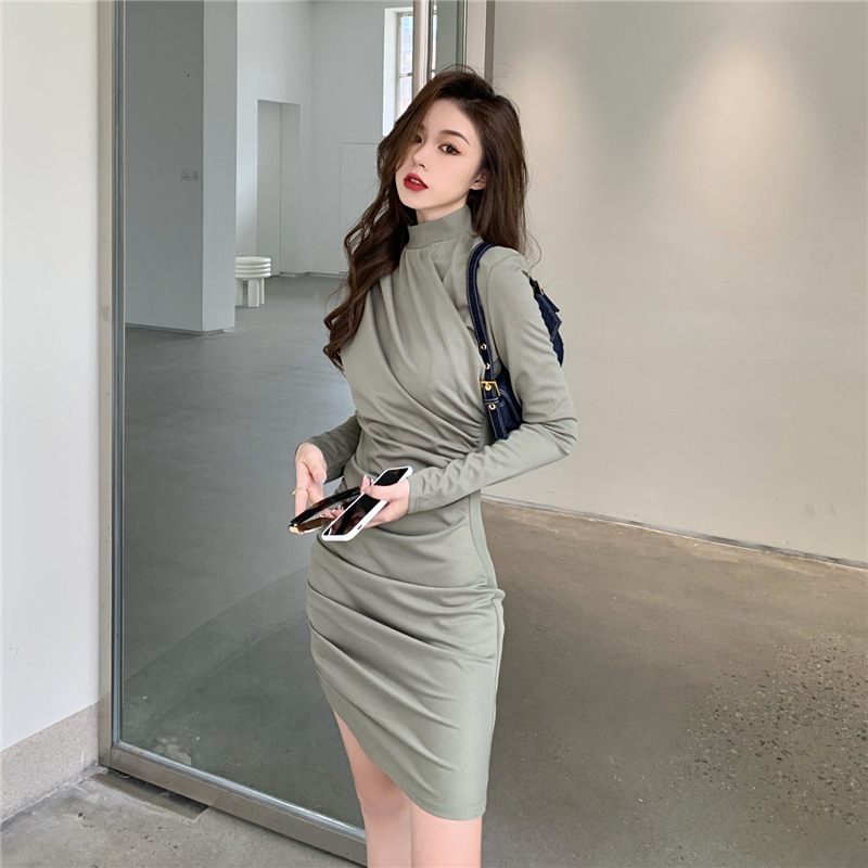 

2021 New Women Sexy Pleated Female Long Sleeve Mini Vestidos Dv5z, Gray
