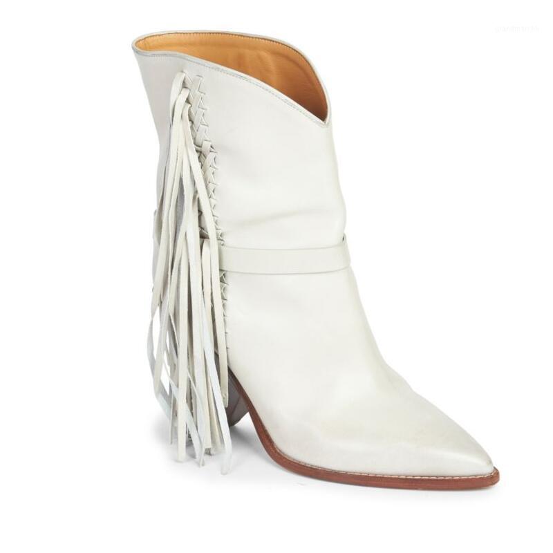 

Western White Mid-calf Chunky Wedges Boots Pointed Toe Fringe Motocycle Ankle Booties Slip On Runway Biker Boots Punk Shoes1, As picture