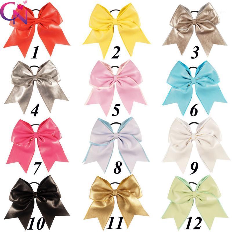 

24 Pcs/lot 7" Handmade Large Solid Two Layers Ribbon Leather Cheer Bow With Ponytail Holder For Girls Kids Hair Accessories1