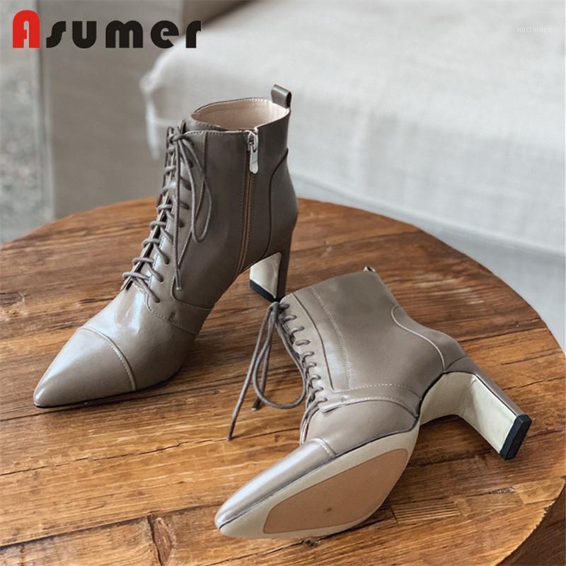 

ASUMER 2020 hot sale genuine leather office dress shoes women ankle boots pointed toe cross tied zip autumn winter boots woman1, Dark gray with fur