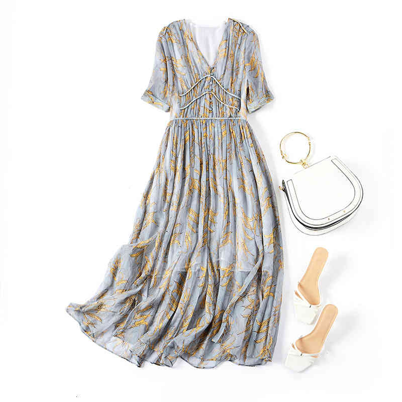 

Casual Dresses Silk dress vimina summer women' slim V-neck fashion large swing mulberry silk medium 7T5R, Gray