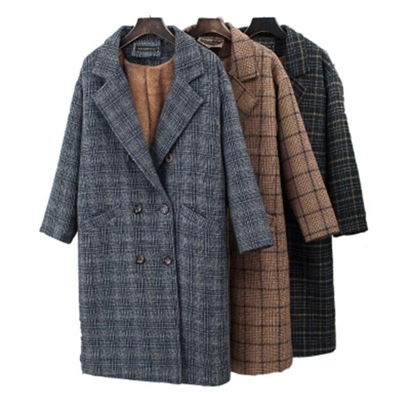 

Plaid Blazers female jacket New plus velvet thick woolen coat female long section lattice double-breasted coat women Blazers