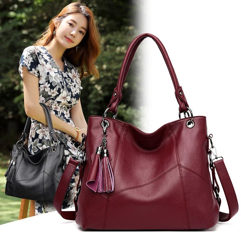 

New handbags handbags tassel soft leather big bag fashion diagonal shoulder bag, Black