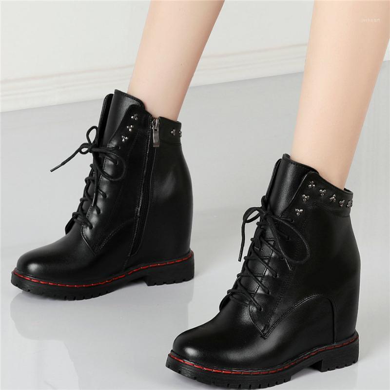 

Rivet Creepers Women Lace Up Genuine Leather High Heel Ankle Boots Female High Top Round Toe Platform Pumps Shoes Casual Shoes1, Black2