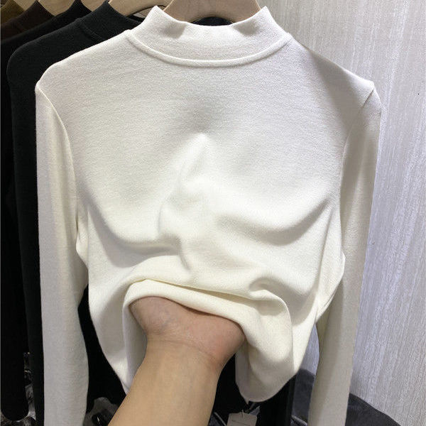 

2021 quality Autumn Winter Polished Female T-shirt Half High Fever Plus Velvet Quilted Shirt Bottom Inner Tide R1XN, Black