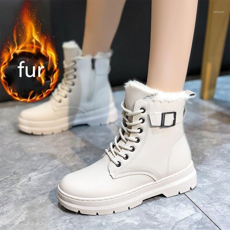 

2021 Ankle Snow Boots Suede Leather Women Fashion Flat Platform Heel Faux Fur Short Boots Laides Punk Motorcycle Winter1, Beige