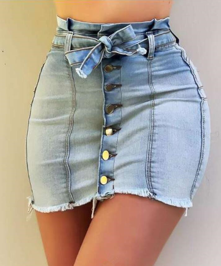 

Denim High Waist Mini Women's Skirts 2021 Summer New Casual Bandage Single Button Wild Hip Pack Jean Skirt P2003 I5oa, Blue