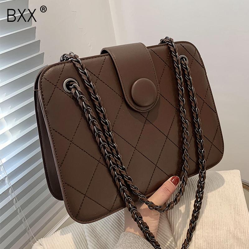

[BXX] Retro Simple Solid Color PU Leather Crossbody Bag for Women 2021 Shoulder Brand Designer Ladies Luxury Chain Handbag HQ711, Black