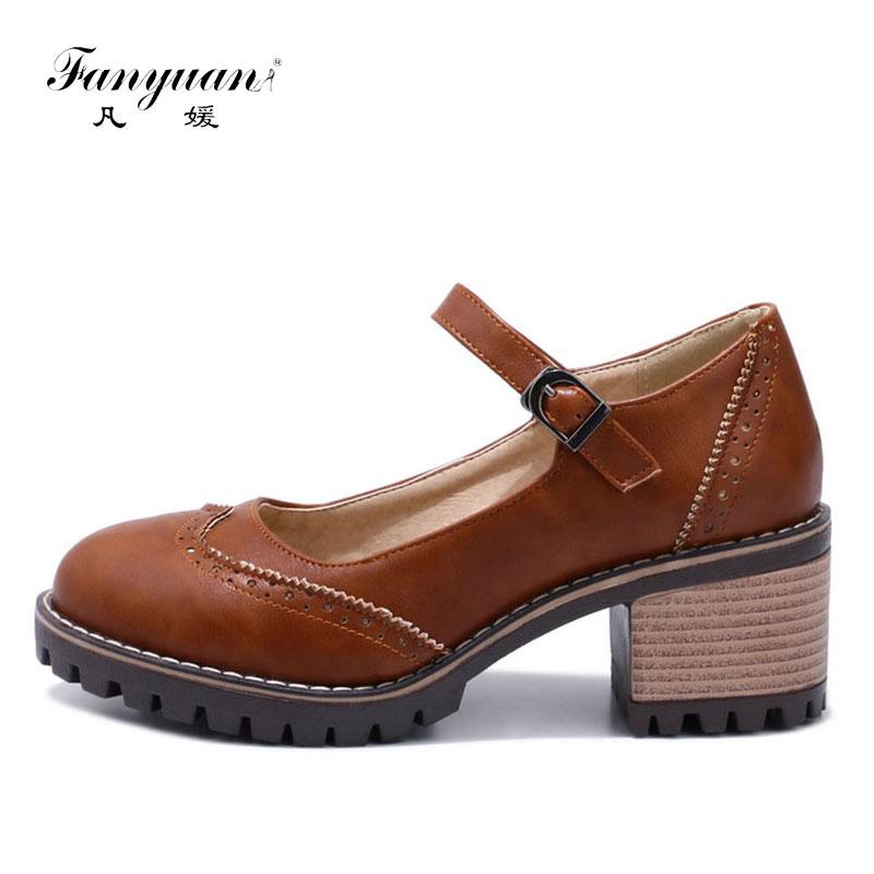 

Fanyuan Fashion Buckle Strap Pumps Retro Bullock carved Platform Shoes Women Shoes Casual Mary Janes High Heels, Beige