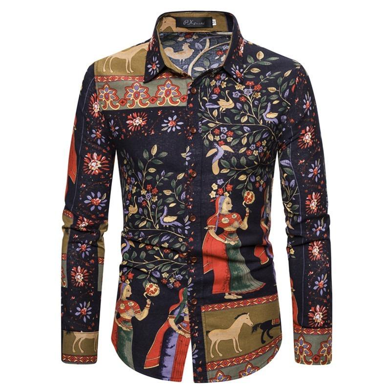 

long sleeve shirt New ethnic style floral print men's casual long-sleeved fashion slim-fit plus size floral shirt for men, Cs19