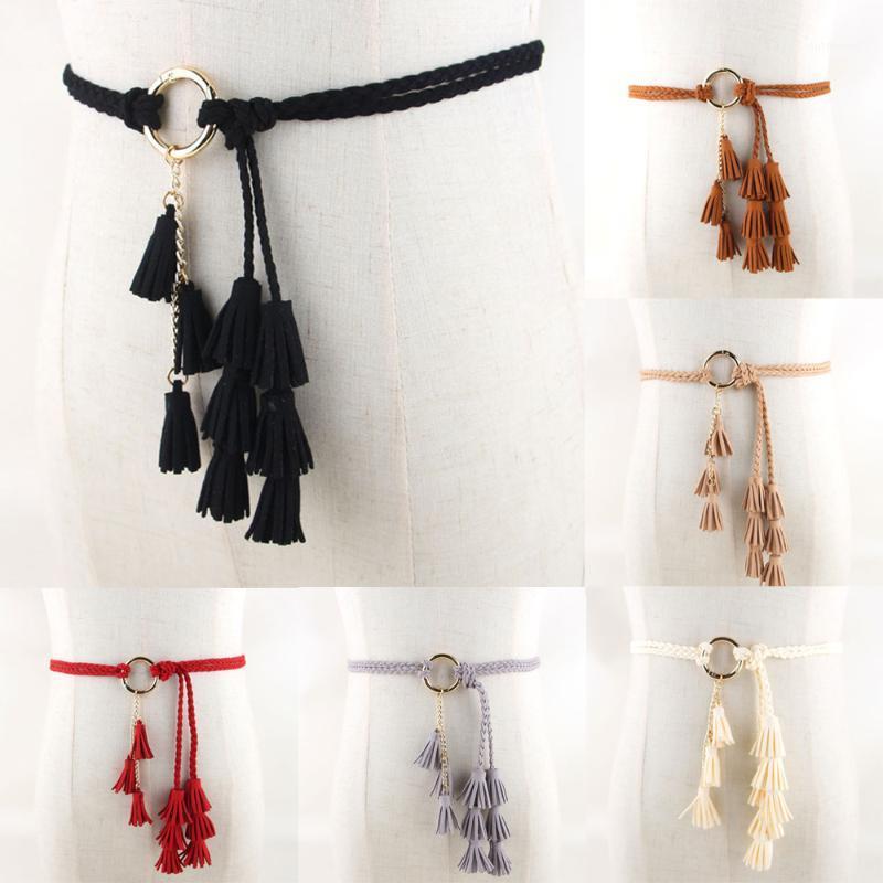 

Women Ladies Skinny Round Buckle Braided Belt Dress Tassel Waistband Decoration BLTLL03121, Black