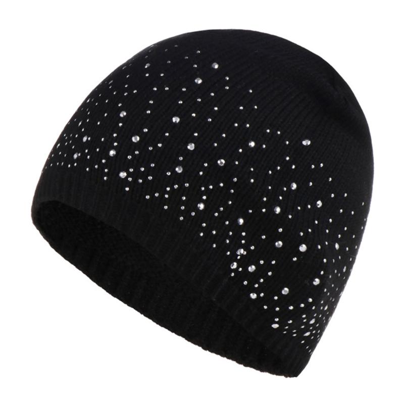 

Solid Ladies Knitted Cap Skullies Leisure Stretch Bonnet Casual Warm Soft Elegant Women Beanie Diamond Decoration Autumn Winter, Black