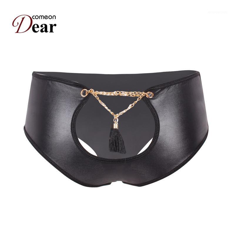 

Comeondear Women Sexy Panties With Tassel Open Cortch Ladies Faux Leather Panties Plus Size 6XL Women Underwear PK50671, Black