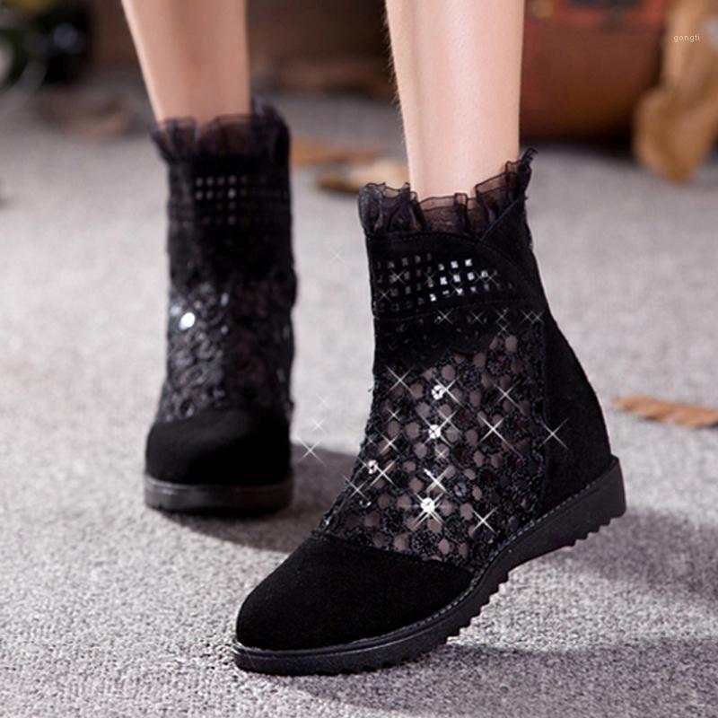 

Summer Women Sandals Boots Nubuck Leather Lace Grenadine Flats Pearl Lady Sexy Back Zipper Rhinestone Ankle Boots 34-40 SXQ05241, Black