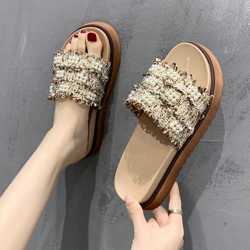 

Female Shoes Med Slippers Flat String Bead Slides Fashion 2021 Summer Soft Luxury PU Rome Scandals Casual Rubber Leisure, Black