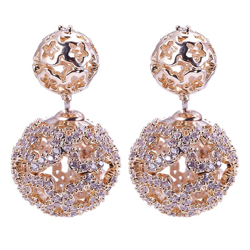 

XIUMEIYIZU Luxury 16mm Hollow Ball Earring Paved Full Cubic Zirconia Reversible Double Ball Stud Earring for Wedding Anniversary
