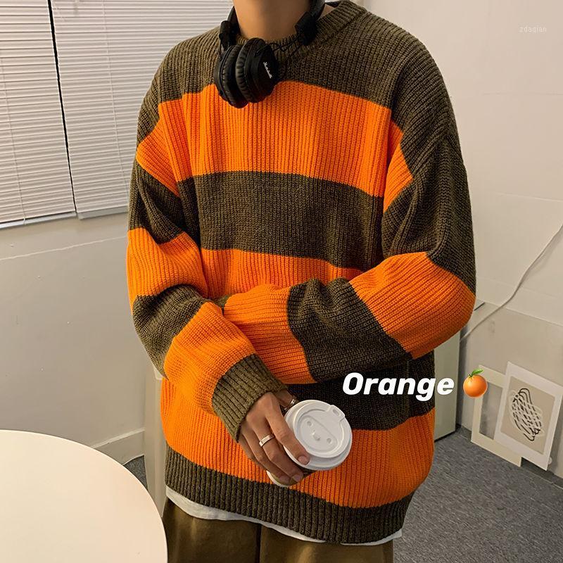 

Korean Striped Sweater Men's Warm Fashion Casual Retro Knitted Pullover Men Wild Loose Autumn Winter Sweaters Mens Clothes -2XL1, Brown