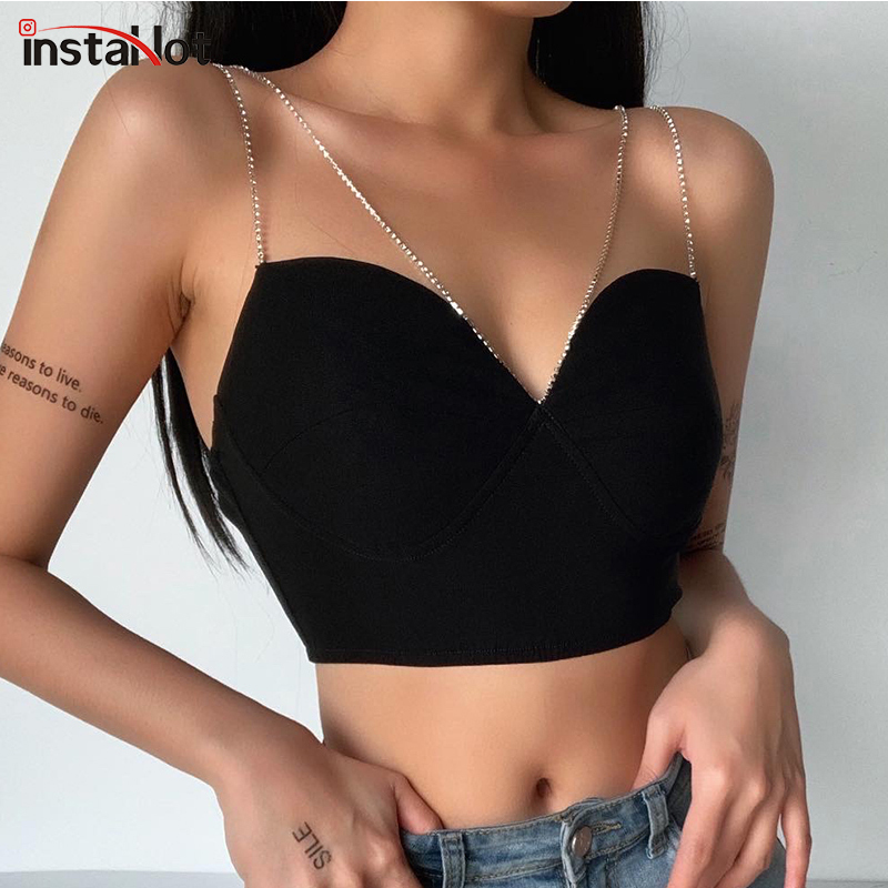 

InstaHot Sexy Spaghetti Strap Cami Slim Cropped Top Women Summer Casual Backless Skinny Black Streetwear Sleeveless Camisole Y200701, Black top