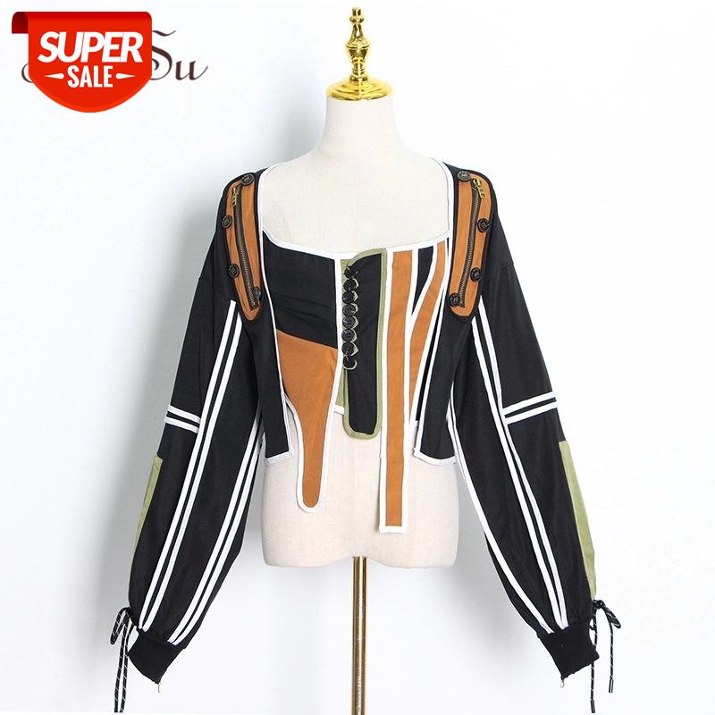 

ArtSu Irregular Coat For Women Square Collar Lantern Long Sleeve Hit Color Harajuku Jackets Female 2020 Fashion Clothes CO28003 #6x8M, Black;brown