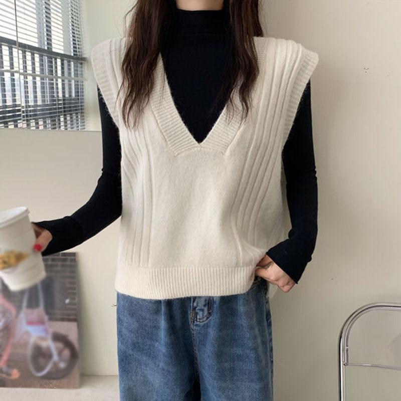 

Korean Fashion Knitted Sweater Vest Woman Casual Solid Color Loose Sleeveless Sweater Vests Women's Clothing, Black