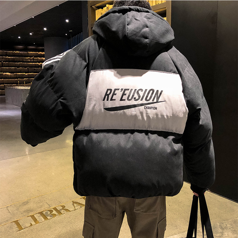 

2021 Pure Male Cotton Winter Super Fire Trend Youth with a Thickened Hood More Velvet Warm Jacket TGZ5, Black.