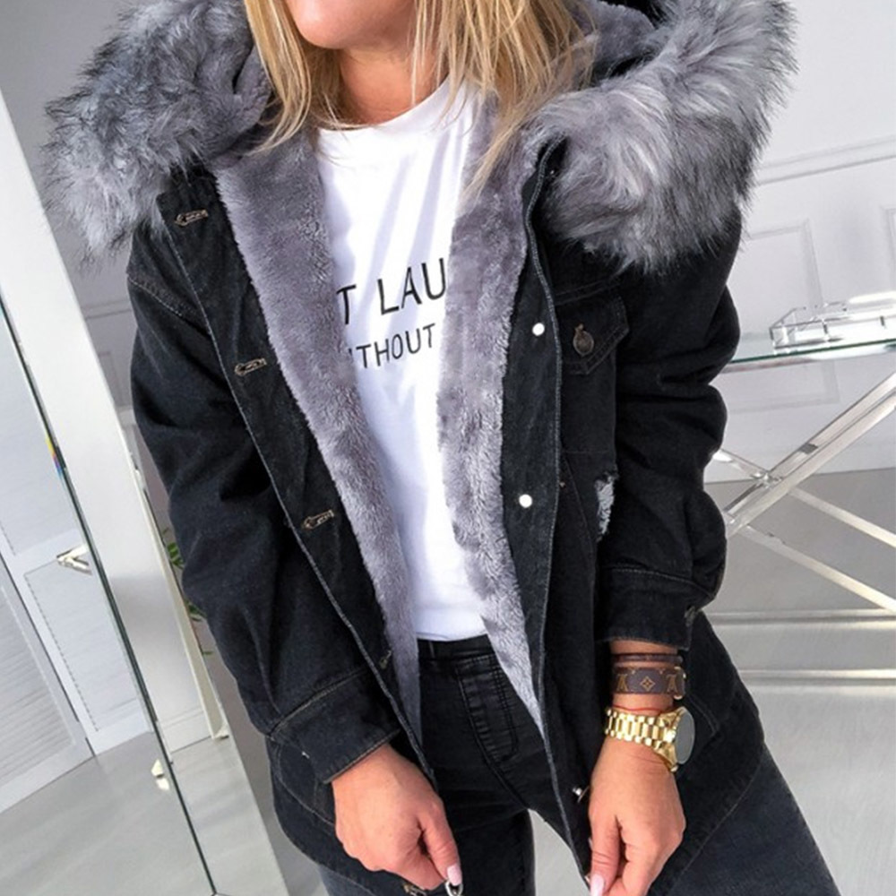 

2021 New Women's Warm Soft Coat Demin Jacket Winter Plush Overcoat Elegant Big Fur Hood Collar Outerwear Autumn Female Long Jackets 0BT6, Multi