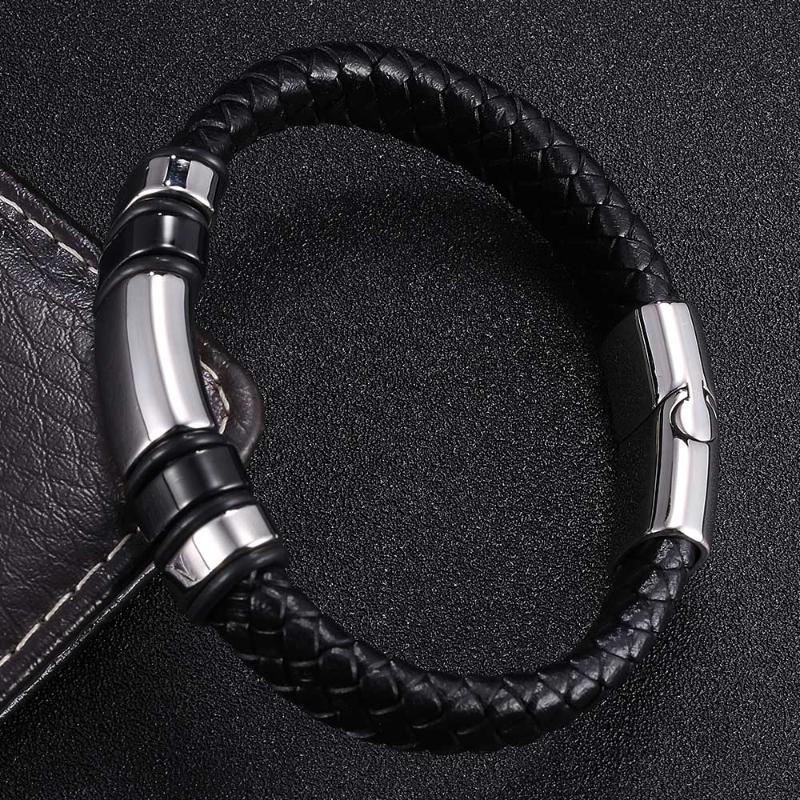 

Charm Bracelets Black Braided Leather Bracelet Men Accessories Gift Magnetic Buckle Male Bangle