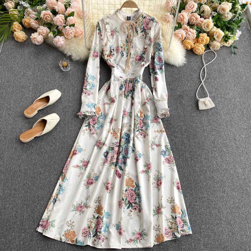 

2021 New Singiny impression maxi female dress chic retro neck the line up bohemian autumn holiday dressed long 2QGM, White