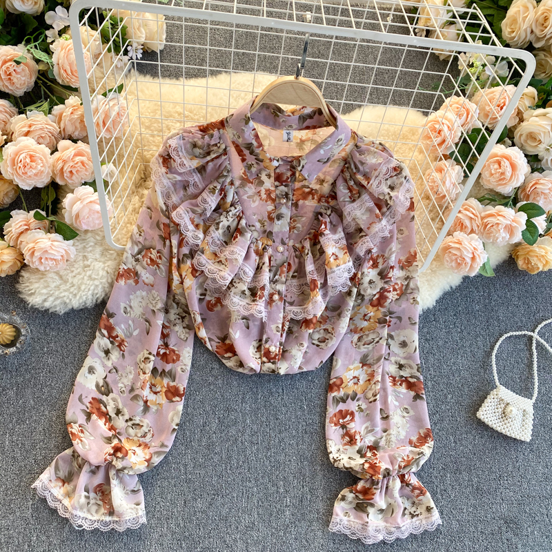 

2021 New singiny female floral blouse beanbag button top autumn design sweet lace frilly blouses RLNI, Blue