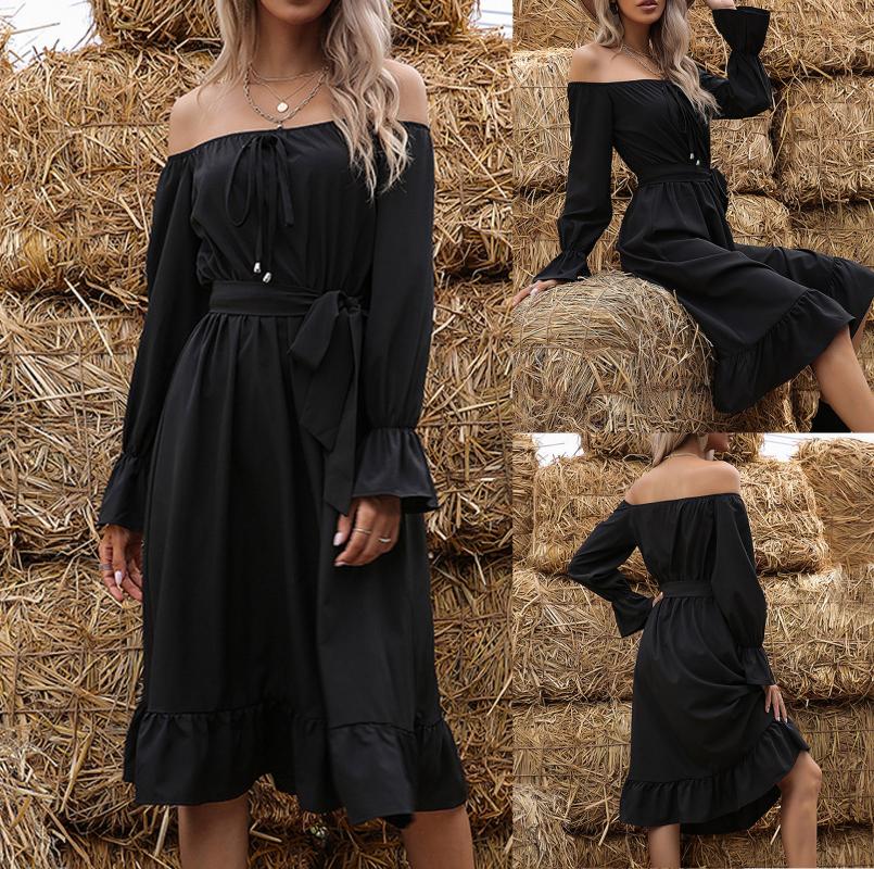 

Women' Solid Color Sexy Black Mid-length Long Sleeve One-line Dress