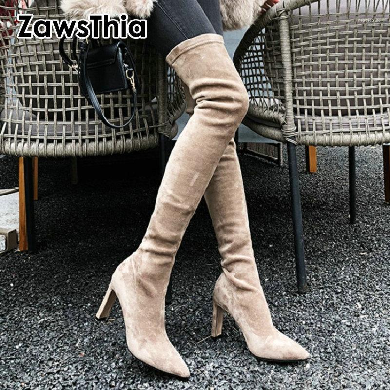 

ZawsThia winter autumn good quality nubuck stretch fabric woman boots pointed toe high heels thigh high boots overknee1, Beige-no fleece in