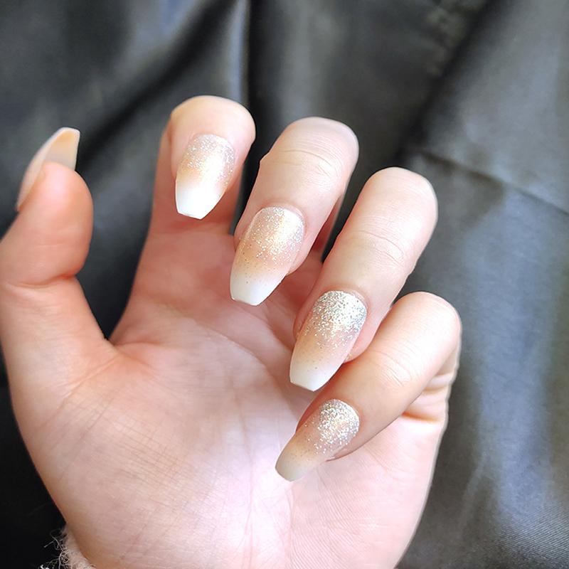 

24 Pcs White Gradient Glitter Powder Fake Nails Reusable Ultra Thin Finished Coffin False Nails with Adhesive Tape Glue Sticker, Mp568