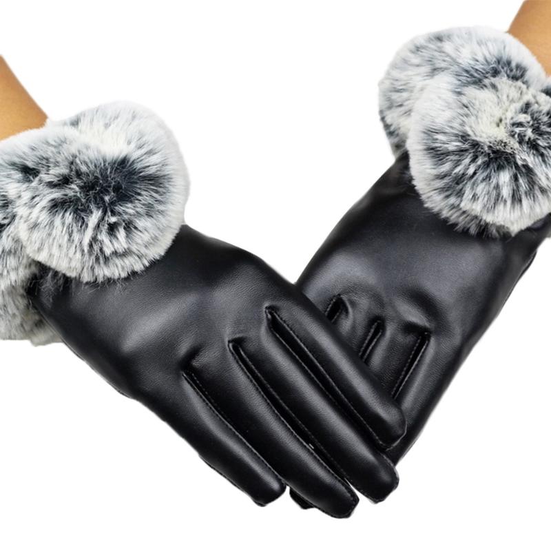 

Women Elegant Black Leather Gloves Fur Mittens Women Motorcycle Windproof Autumn Winter Warm Fur Mittens Lady