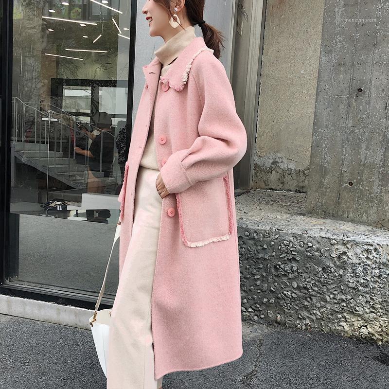 

Korean Wool Coat Women Double-sided Woolen Coats Pink Long Autumn Winter Female Jacket Casaco Feminino 2020 Z11571, Beige