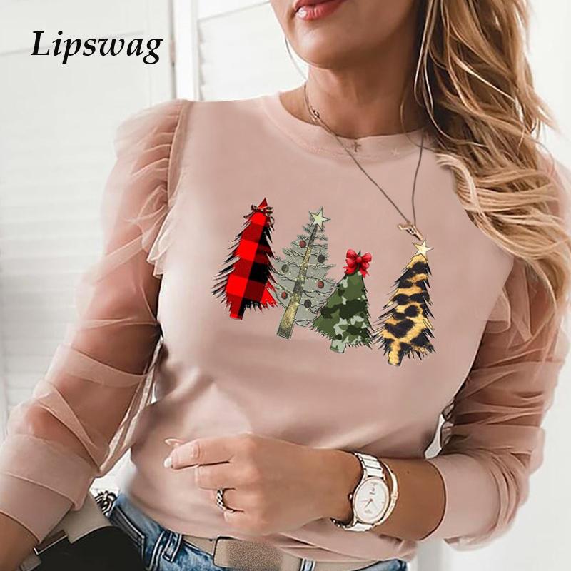 

Women Elegant Santa Claus Christmas Tree Blouse Shirts Casual O-Neck Mesh Ruffles Pullovers Tops Ladies Fashion Hollow Out Blusa, Mesh pink