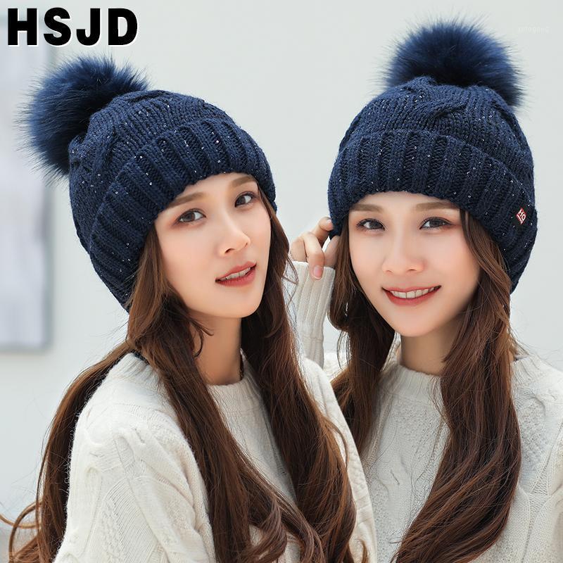 

Beanie/Skull Caps Winter Hats For Women Fashion Sequins Knitted Beanie Hat Female Fur Pom Poms Thick Warm Skullies Beanies Bonnet Girl &#039, Only hat