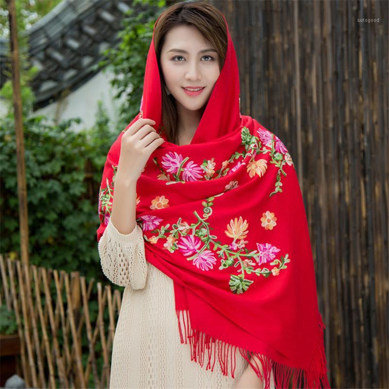 

Scarves 2021 Winter Warm Cashmere Scarf Ethnic Embroidery Women's Long Tassels Female Shawls & Wraps Wool Blanket Scarves1