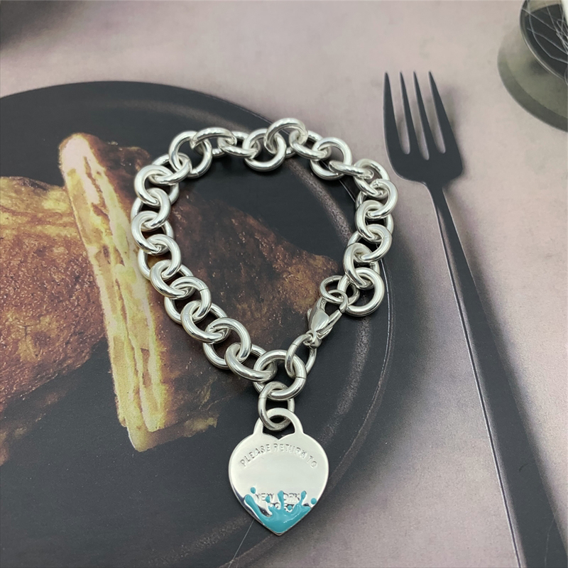 

Sterling Silver bracelet classic green splash heart tag bracelet, 1: 1 high-end women's jewelry with LJ201020