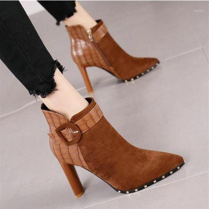 

Woman Sexy Pointed Toe thin heel High Heels 8cm Flock leather Ankle boots zipper Buckle Boots A63-46 JY1, Brown