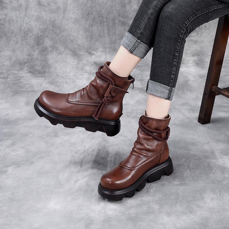 

thick bottom women's short boots fall 2021 Top layer cow leather British fashion single boot leather casual boots, Black