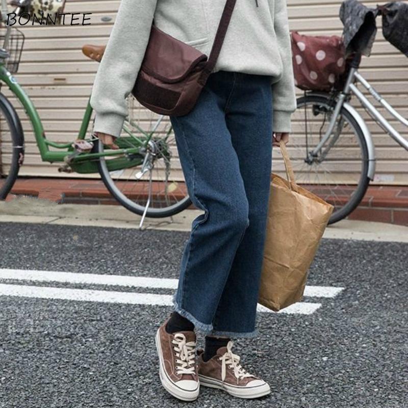 

Women Ankle-length Straight Jeans Large Size 4XL Loose Spring Students All-match Daily Vintage Trousers Ulzzang Trendy Fur-line, Black 806