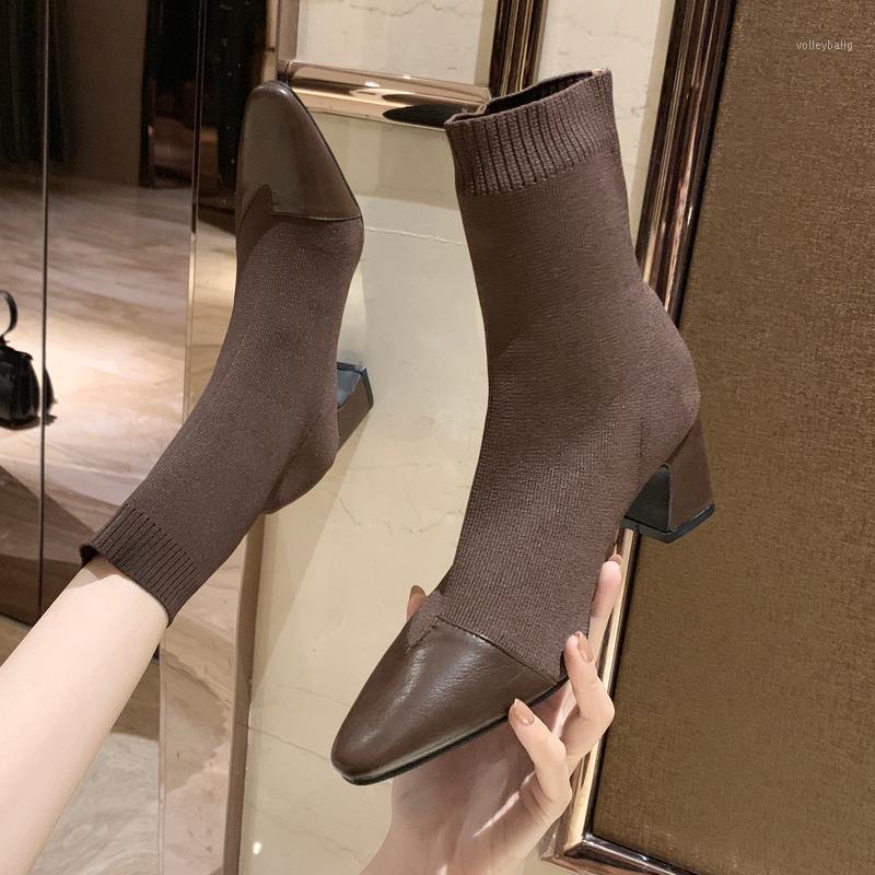 

Shoes Women Boots High Heels Round Toe Luxury Designer Boots-Women Stiletto Mid-Calf Rubber Fashion 2020 Low Ladies Autumn1