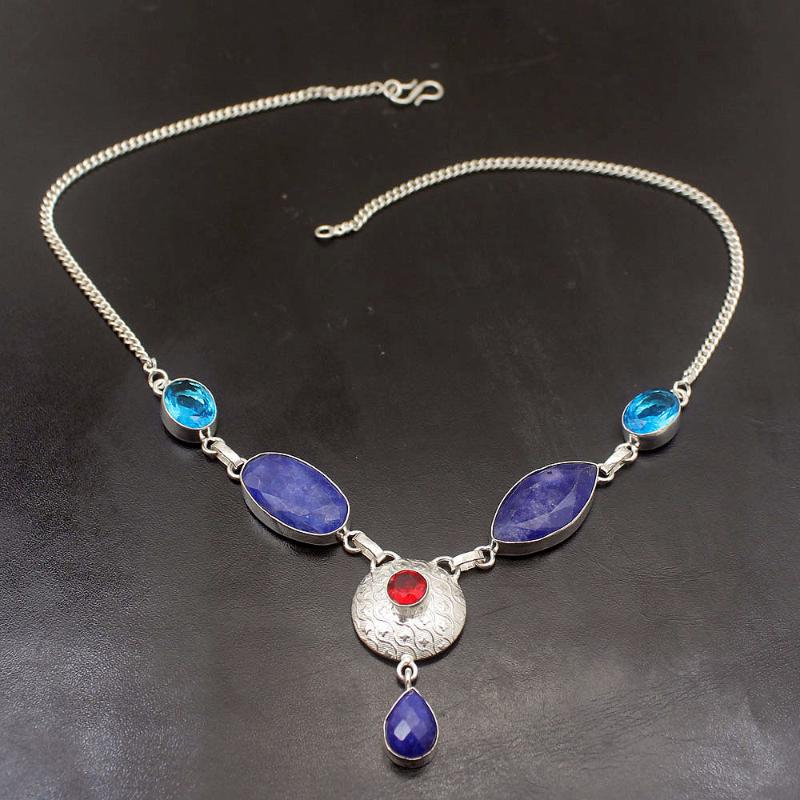 

Hermosa Unique Natural Blue Sapphiree Topazz Silver Color For Women Charms Pendant Chain Necklace 19 Inch A616