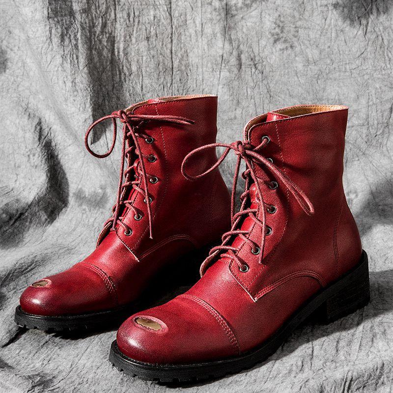 

Retro Genuine Leather Round Toe Ankle Boots Women's Autumn Winter Lace Up Casual Western Boots Red Black Green Woman Booties