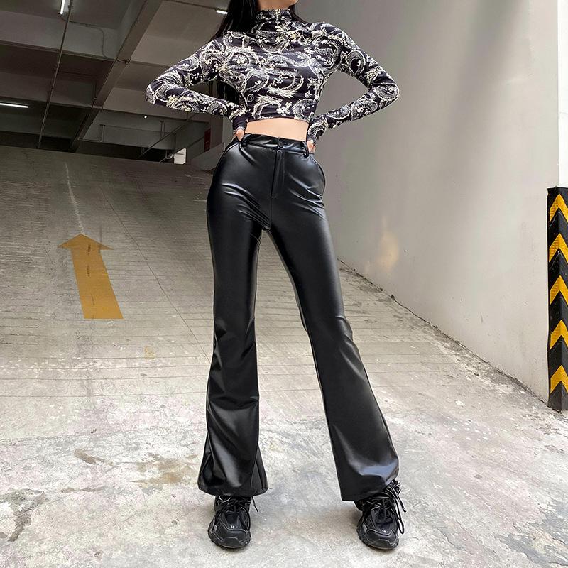 

Black Goth Faux Leather Flare Pants Women High Waisted Bottoms Dark Academia Aesthetic Vintage High Street Trousers