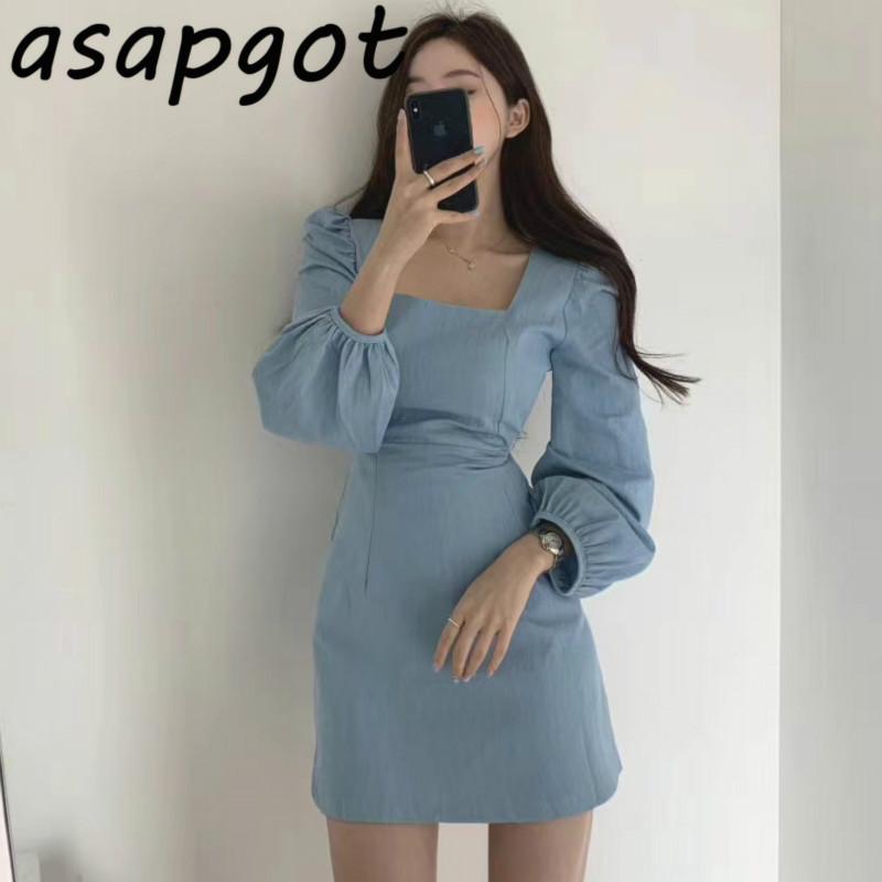 

Casual Dresses Autumn Style Korean Chic Temperament Square Neck Dress Women Mini Bubble Long Sleeve Wild Waist Slim A Line Solid Retro, Black;gray