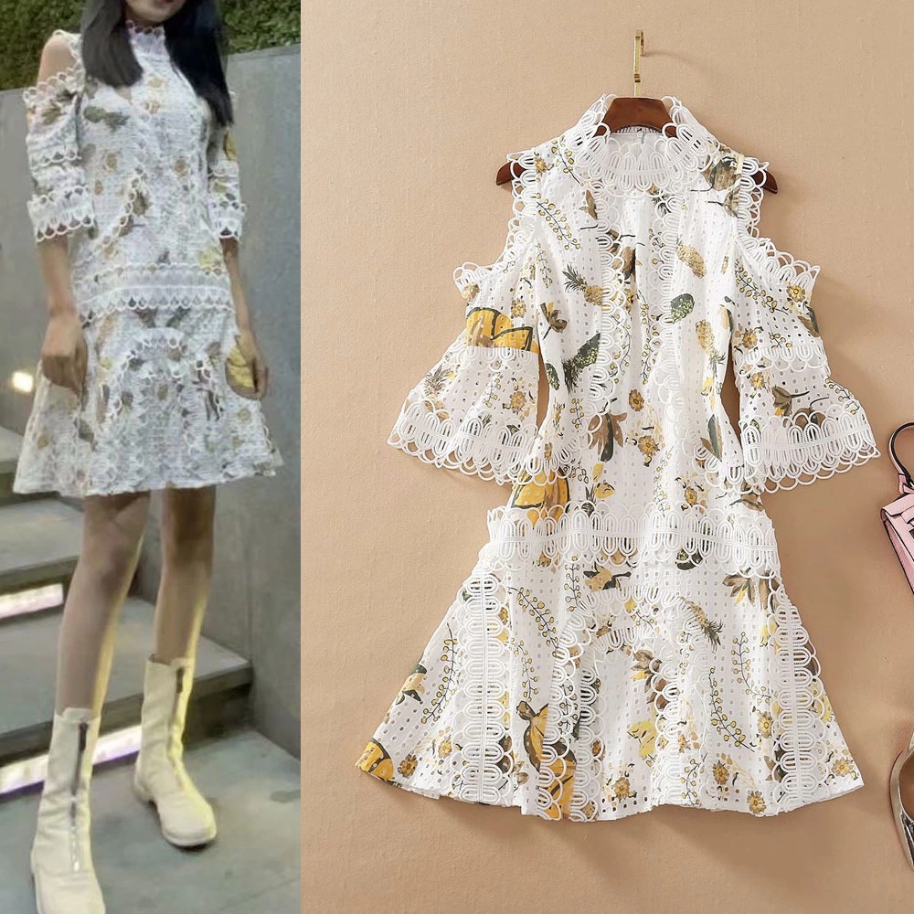

High-quality stand-collar lace stitching printed 3/4 sleeve dress, Customize
