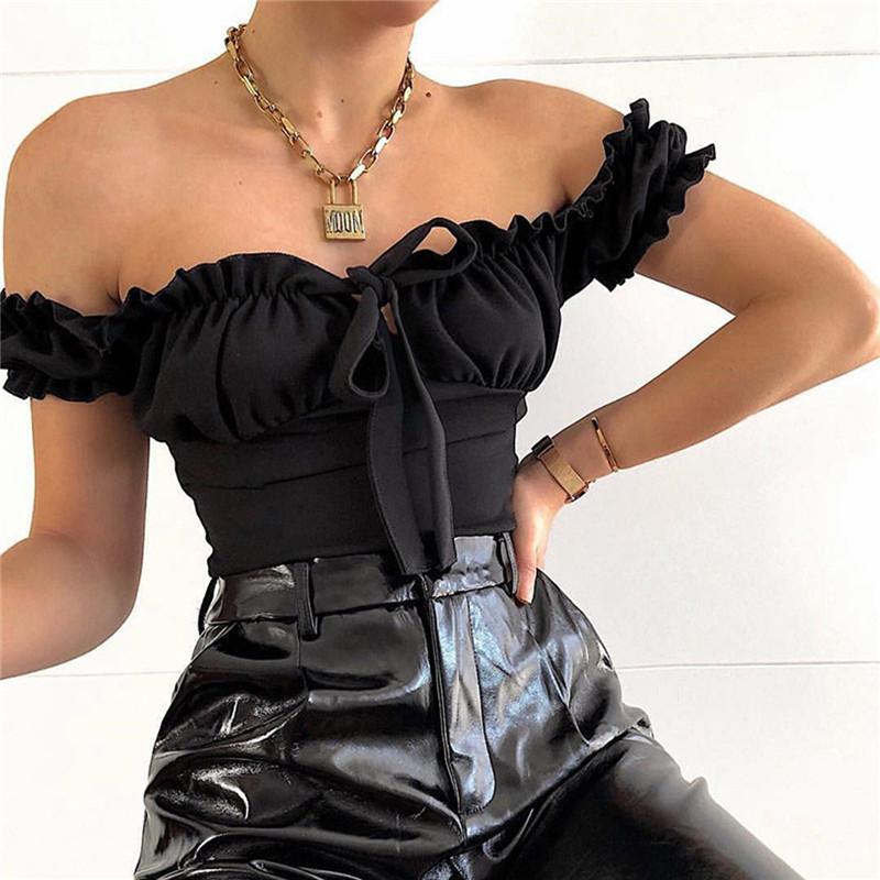

Sexy Off Shoulder Short Sleeve Bodysuit Women Body Tops Ladies Summer Women' Jumpsuit Bow Solid Stretch Leotard Top 3FS, Black