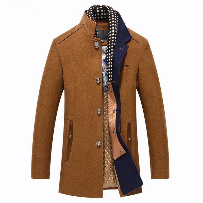 Men's Wool Coat Winter Cashmere Jacket Men Casual Windbreaker Long Slim Fit Trench Coat Thick Woolen With Detachable Scarf Coats Y181101