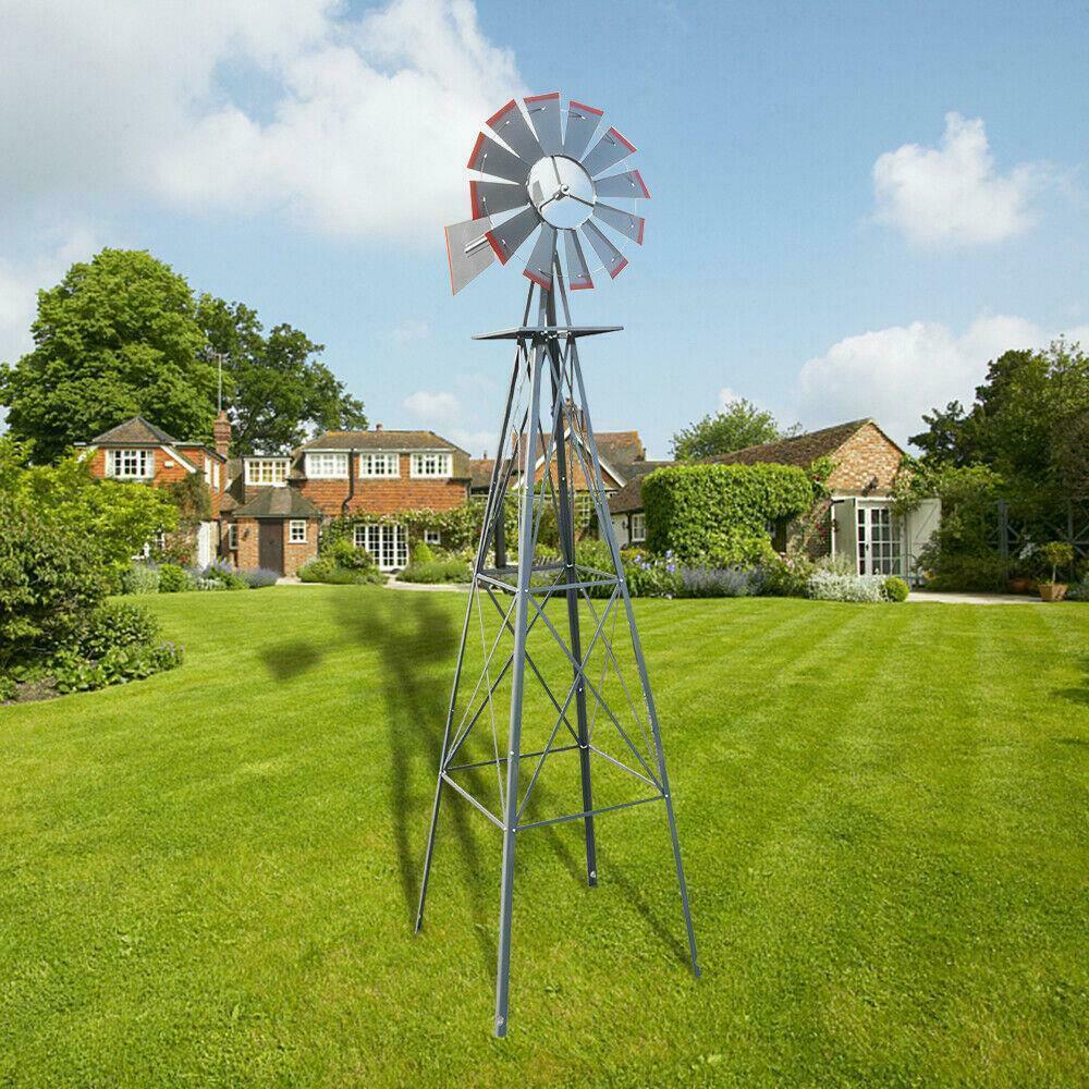 

8ft Ornamental Decor Garden Windmill Weather Vane- Galvanized w/ Silver Red Tips
